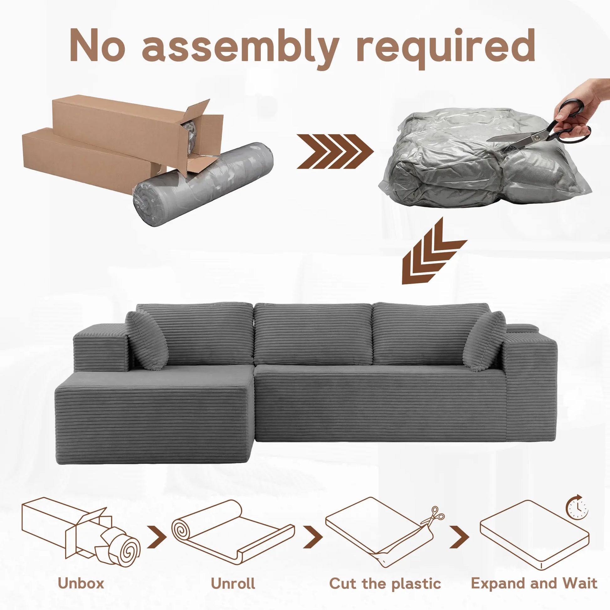 【2 Packages Ship】Corduroy L-Shaped Compression Sectional Sofa with Chaise, Cloud Couch, Boneless Space-Saving Renter-Friendly Couch, Tool-Free Assembly Soft Fabric Indoor Furniture, Apartment Living Room Decor, Boneless Couches