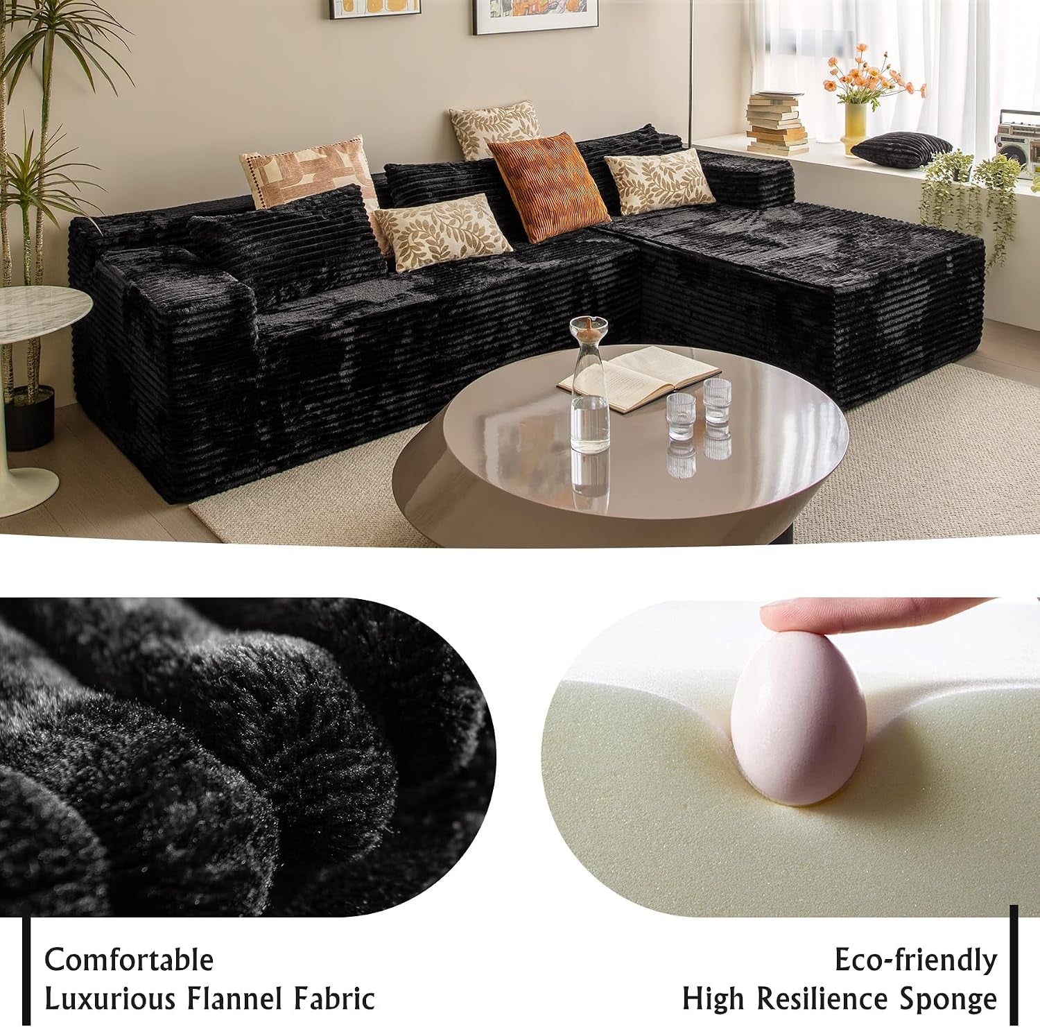 Corduroy Boneless Couch for Living Room, 104" Cloud Sectional Couch with L-Shape Chaise, Modern Modular Sofa, Deep Seat Comfort, No Assembly Required