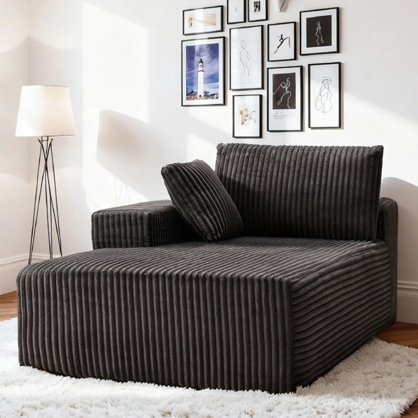 Indoor Chaise Lounge Chair with Armrest, Modern Upholstered Boneless Sofa with Soft Pillows and Deep Seat, for Bedroom,Gray with Left Armrest