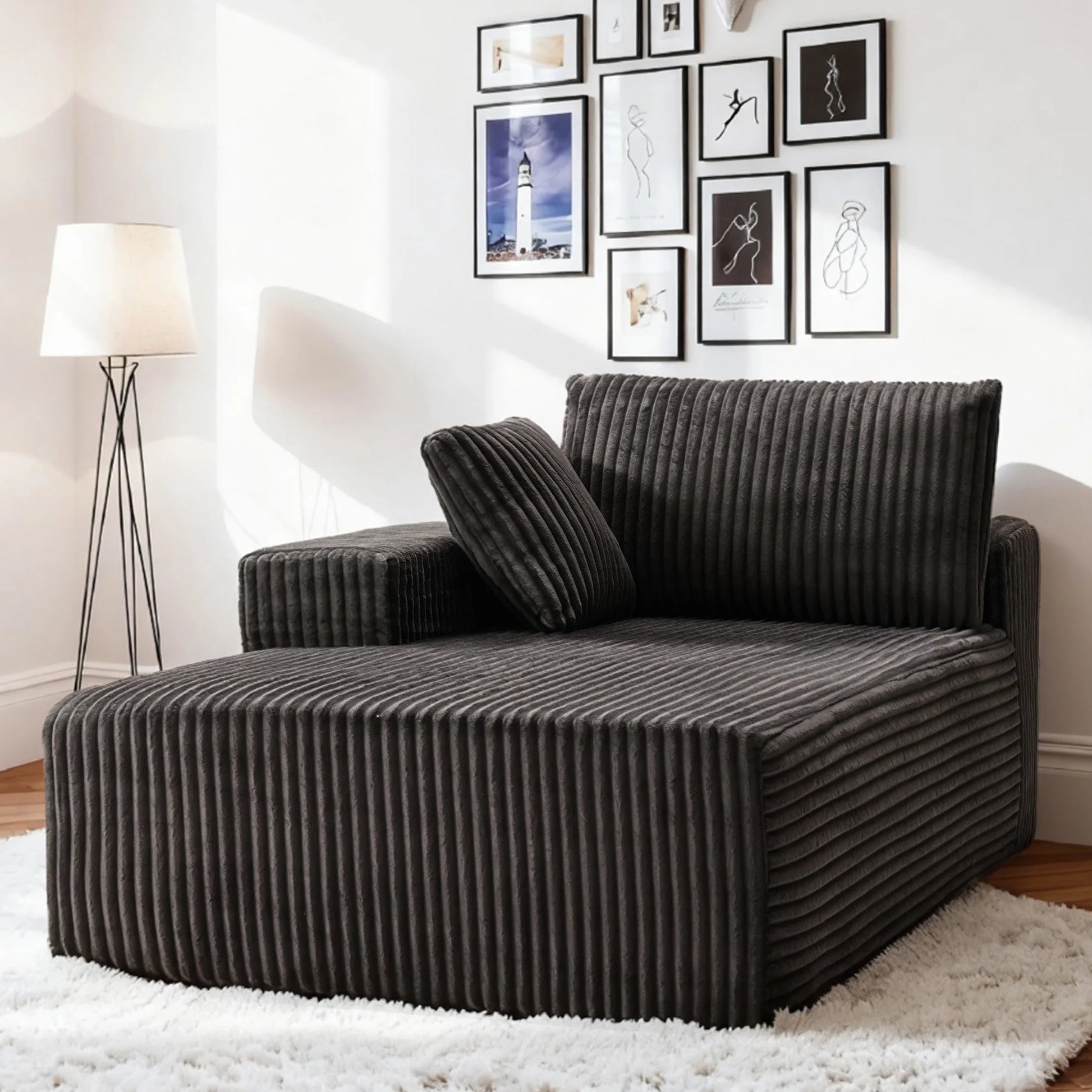 Indoor Chaise Lounge Chair with Armrest, Modern Upholstered Boneless Sofa with Soft Pillows and Deep Seat, for Bedroom,Gray with Left Armrest