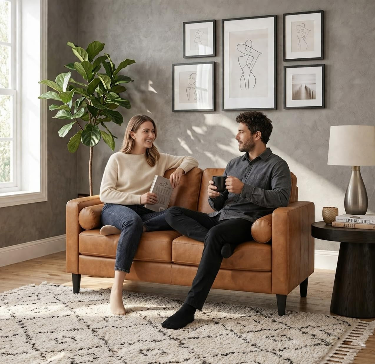 Marisa Genuine Leather Mid-Century Modern Loveseat, Tan