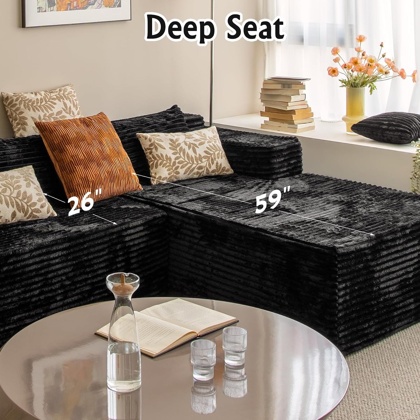 Corduroy Boneless Couch for Living Room, 104" Cloud Sectional Couch with L-Shape Chaise, Modern Modular Sofa, Deep Seat Comfort, No Assembly Required