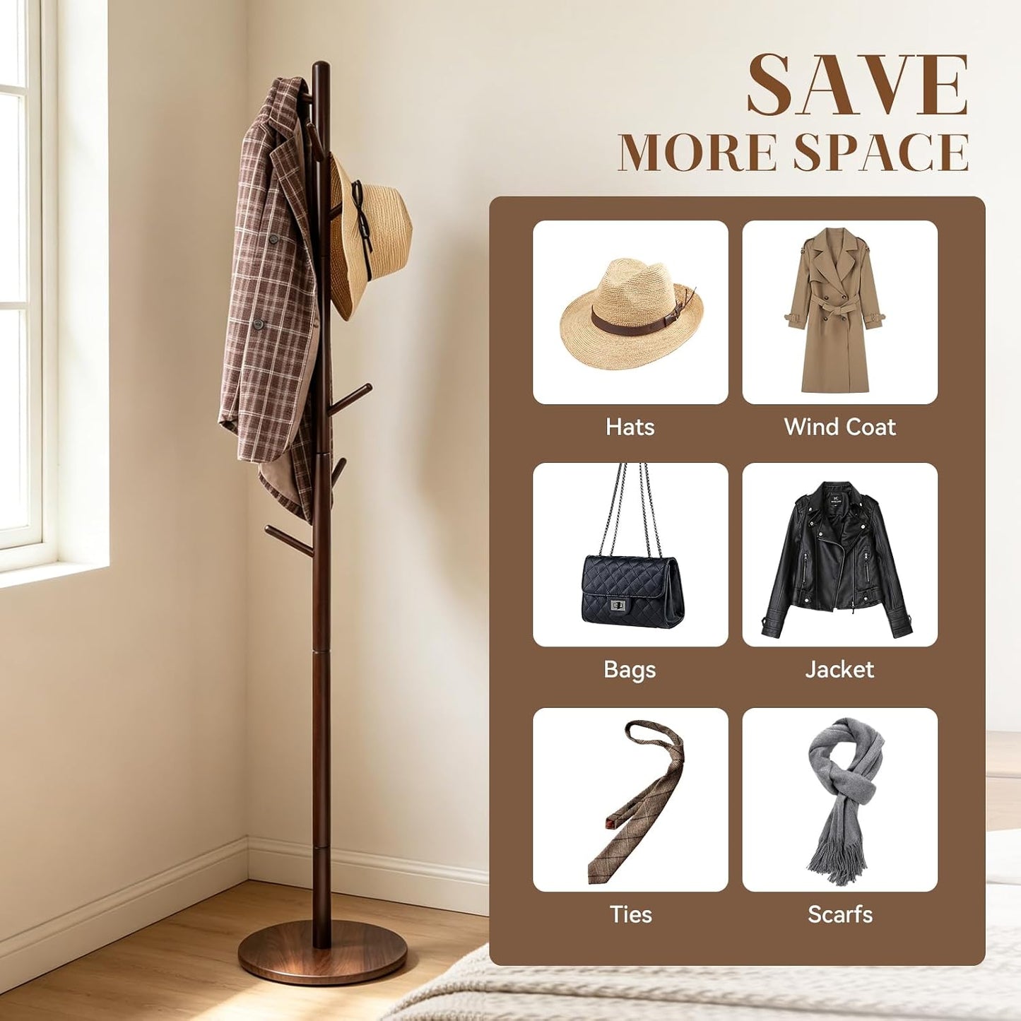 Coat Rack Freestanding- Solid Wood New Zealand Pine Hall Tree