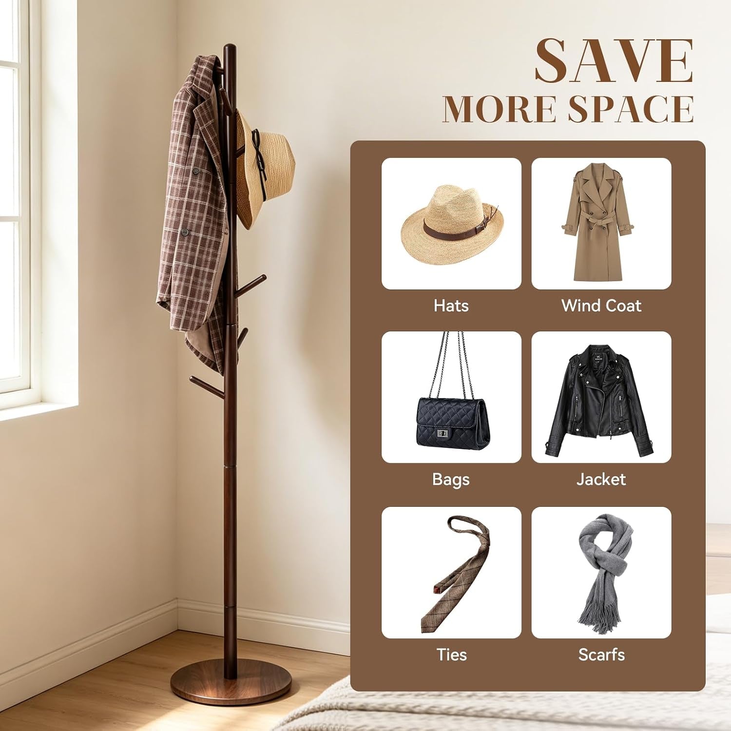 Coat Rack Freestanding- Solid Wood New Zealand Pine Hall Tree