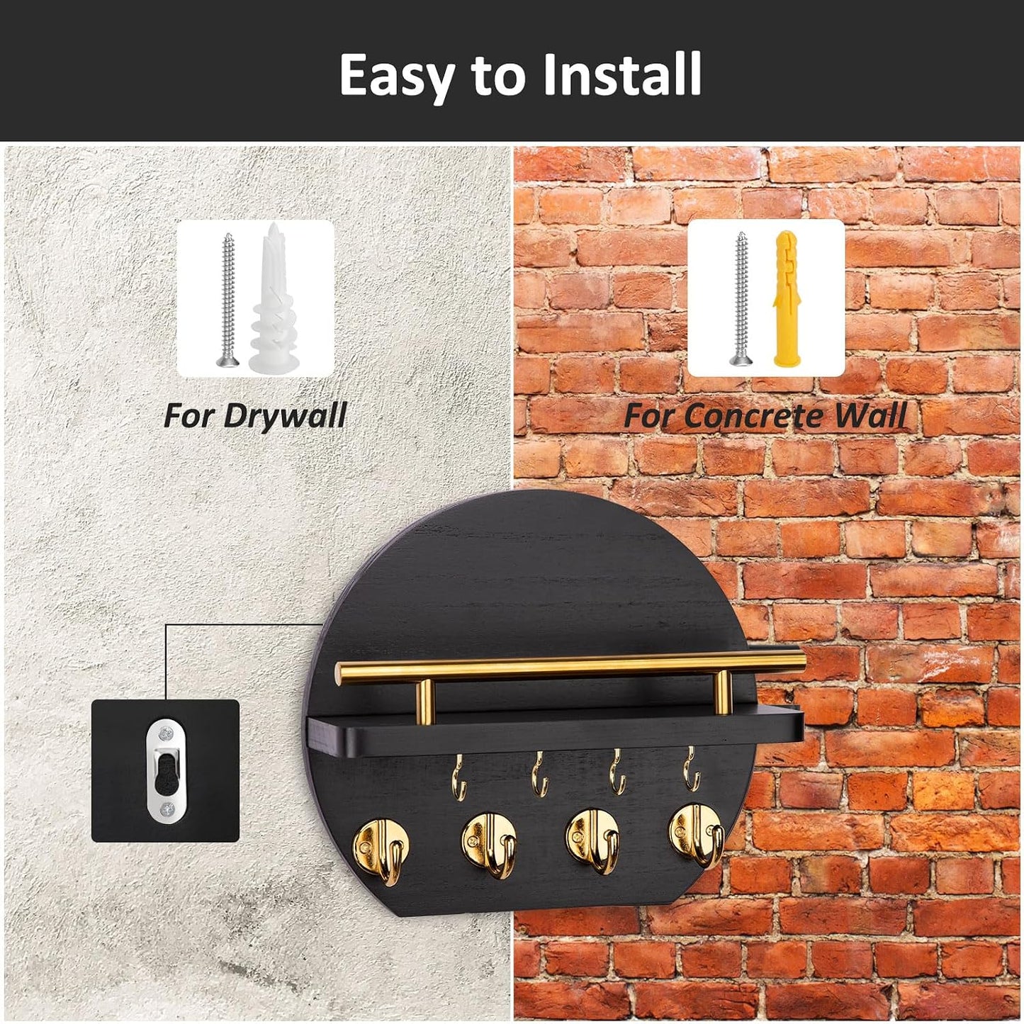 Key Holder for Wall, 9.8 Inch round Wall Decor, Black
