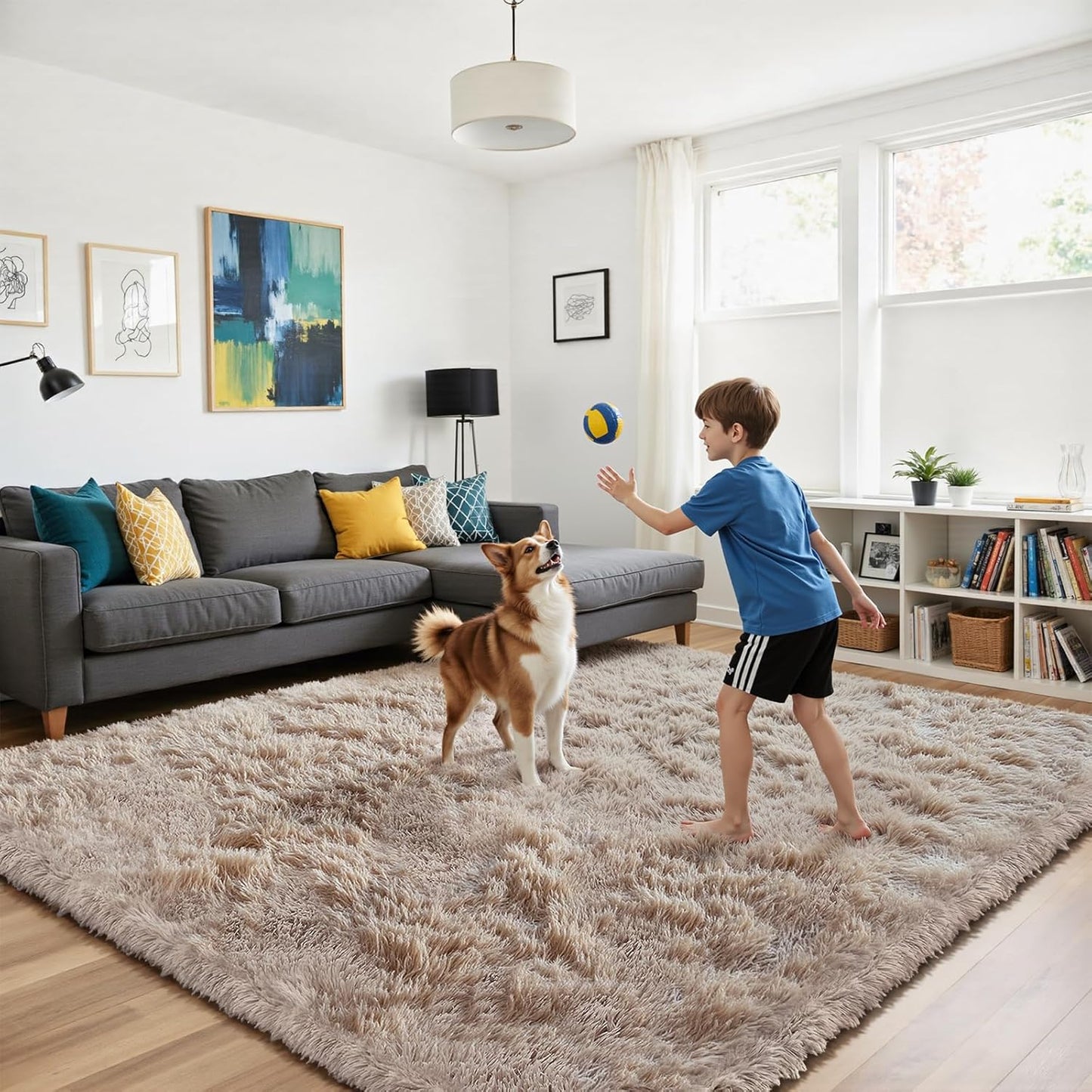 Beige 2X4 Area Rugs for Bedroom, Fluffy Shag Rug Small Rug Bedside Carpet