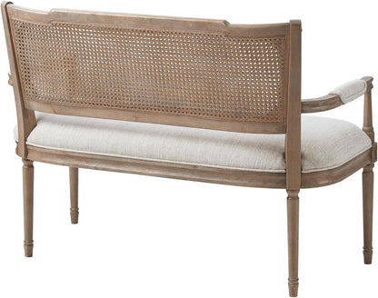 Willshire Natural Rattan Settee, Upholstered Seat - Charming Country Design, Rustic Reclaimed Wood Finish, Ratan Insert Backrest & Padded Arm Rest, 47.25" Wide Beige/Reclaimed Natural