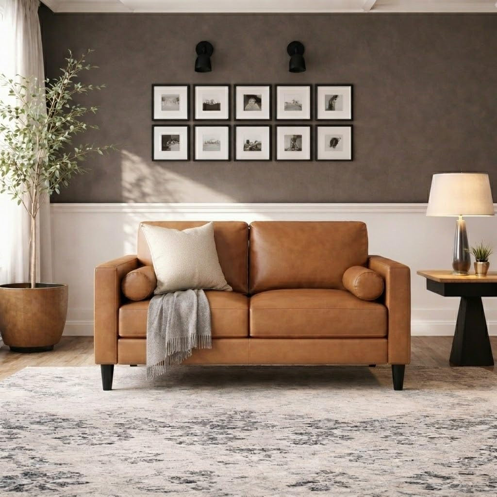 Marisa Genuine Leather Mid-Century Modern Loveseat, Tan