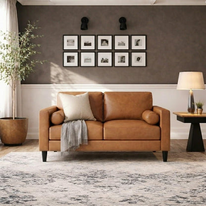 Marisa Genuine Leather Mid-Century Modern Loveseat, Tan
