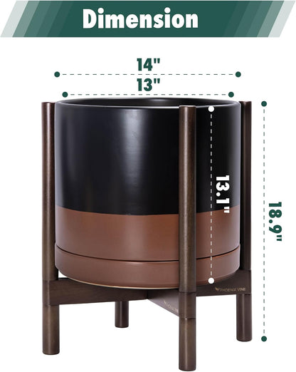 Ceramic Pot with Walnut Wood Stand, Black/Tan, 14 In, 55-B-T-7