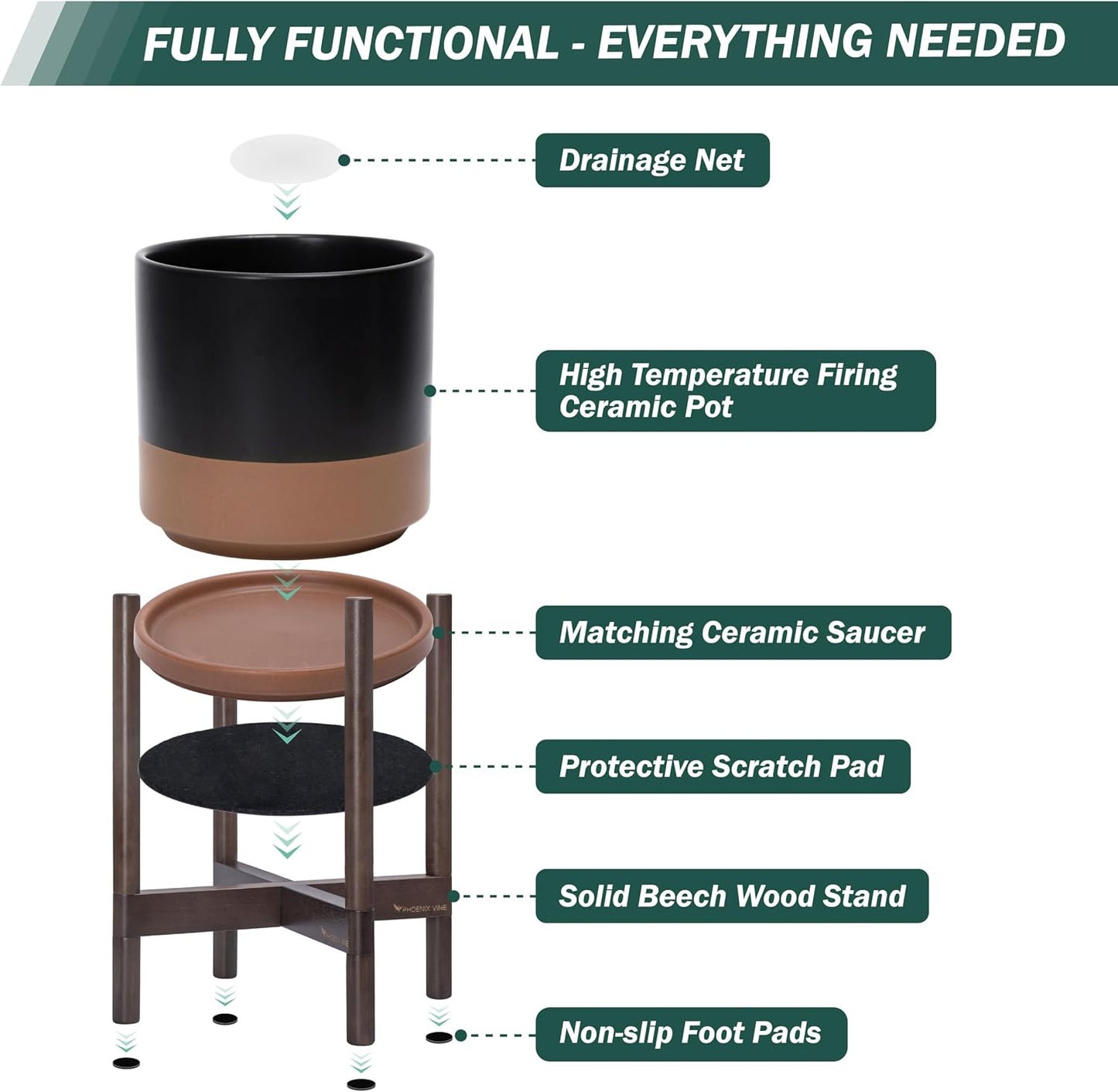 Ceramic Pot with Walnut Wood Stand, Black/Tan, 14 In, 55-B-T-7