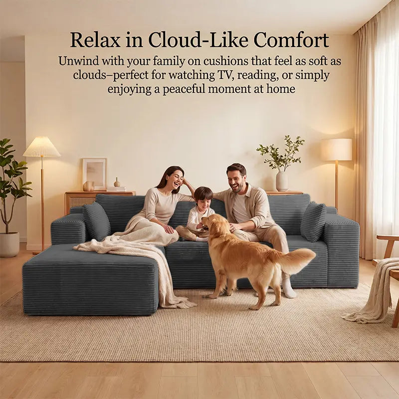 【2 Packages Ship】Corduroy L-Shaped Compression Sectional Sofa with Chaise, Cloud Couch, Boneless Space-Saving Renter-Friendly Couch, Tool-Free Assembly Soft Fabric Indoor Furniture, Apartment Living Room Decor, Boneless Couches