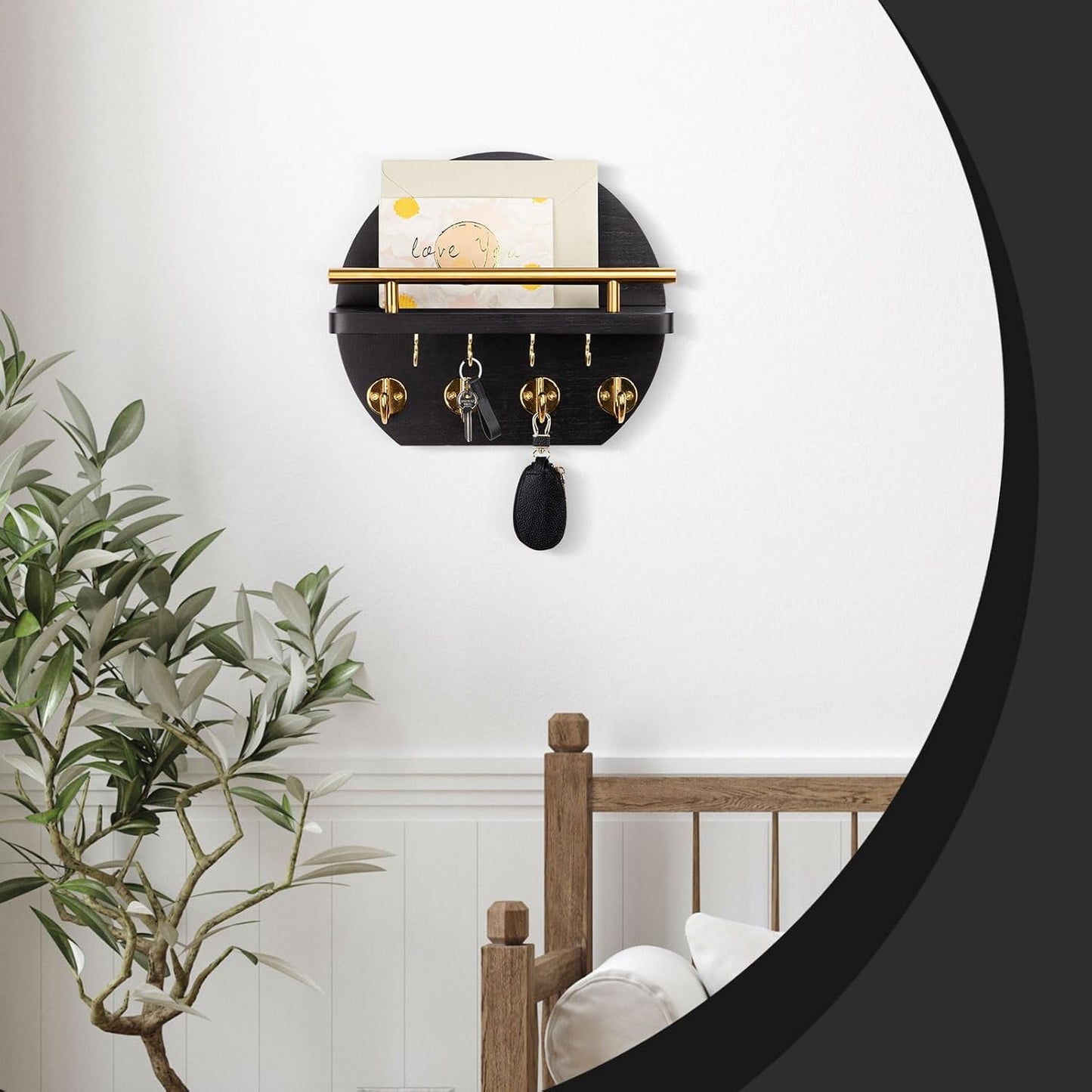 Key Holder for Wall, 9.8 Inch round Wall Decor, Black