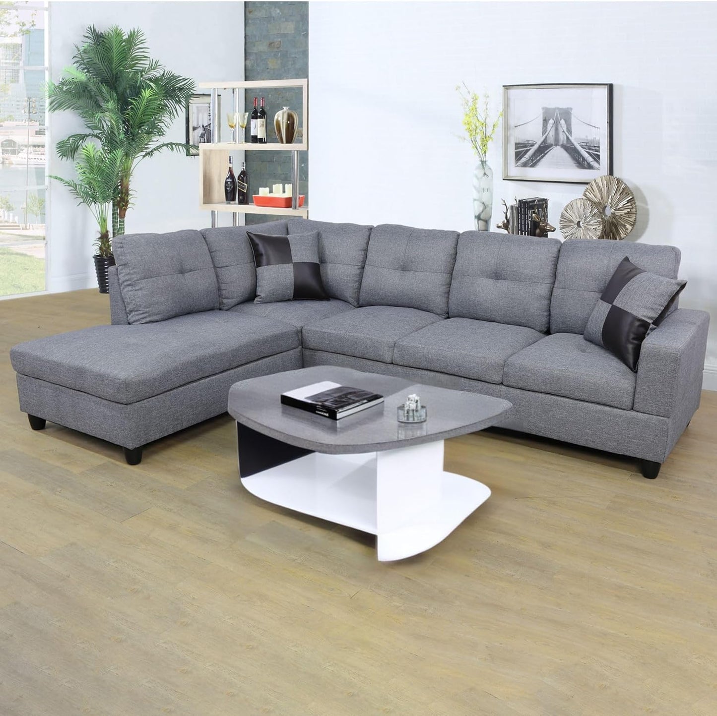 Sectional Couches for Living Room 2-Piece Modern Sectional Sofa with Left Chaise Classic L-Shape Sectional Couch Linen Upholstered Sofa Couches for Living Room, Office, Grey