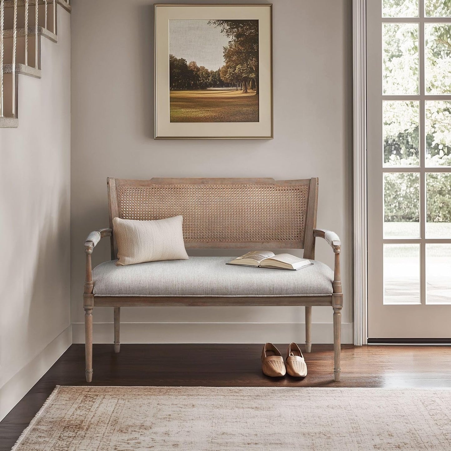 Willshire Natural Rattan Settee, Upholstered Seat - Charming Country Design, Rustic Reclaimed Wood Finish, Ratan Insert Backrest & Padded Arm Rest, 47.25" Wide Beige/Reclaimed Natural