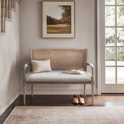 Willshire Natural Rattan Settee, Upholstered Seat - Charming Country Design, Rustic Reclaimed Wood Finish, Ratan Insert Backrest & Padded Arm Rest, 47.25" Wide Beige/Reclaimed Natural